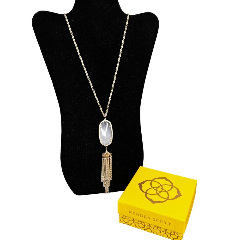 Kendra Scott Tassel Necklace Gold Tone Gray Clear Pendant in Box 31 inch